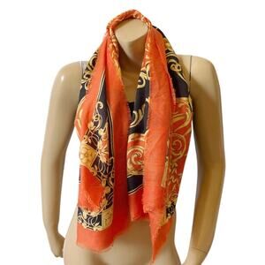 Art of the Scarf Square Scarf Orange Black Gold Baroque Silk Fringe Italy